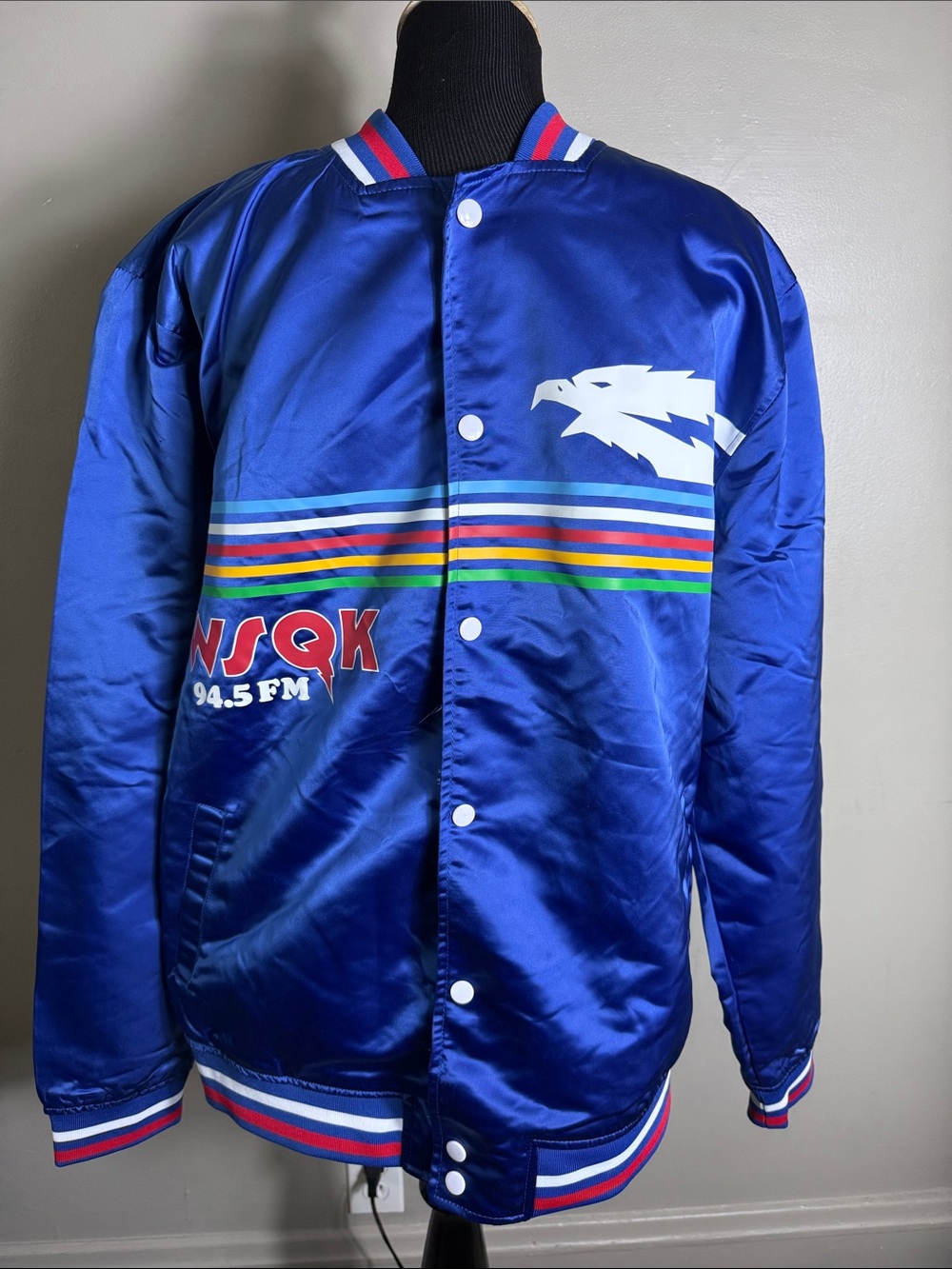 Stranger Things WSQK Blue Satin Bomber Jacket Multicolor Stripes Retro Sz L
